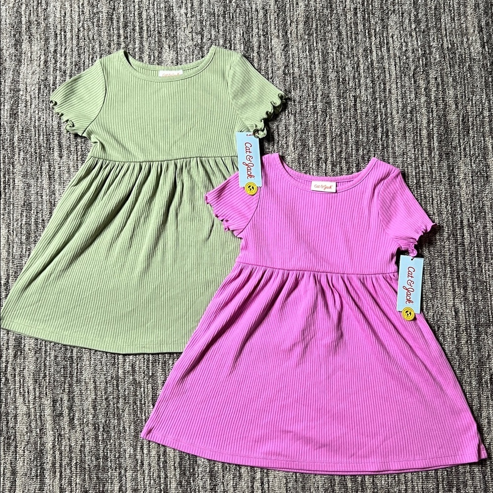 Cat & Jack Ribbed Green and Pink Dresses 2 Pieces Set Size 3T - Picture 1 of 7